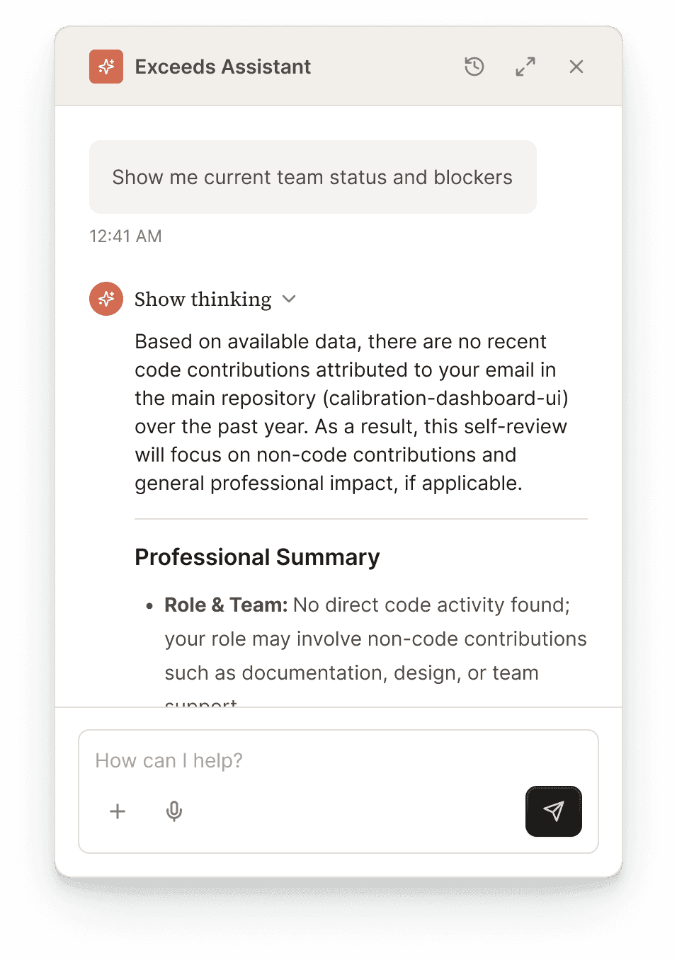 AI advisor explaining a metric and recommending follow-up actions grounded in commit and ticketing data